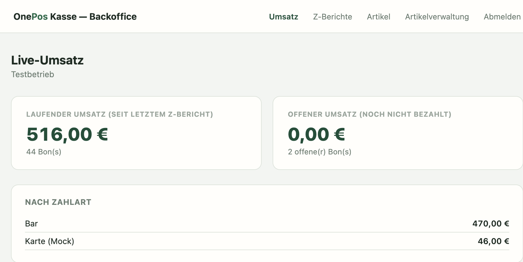 Cloud-Office Live-Umsatz: laufender und offener Umsatz, aufgeschlüsselt nach Zahlart